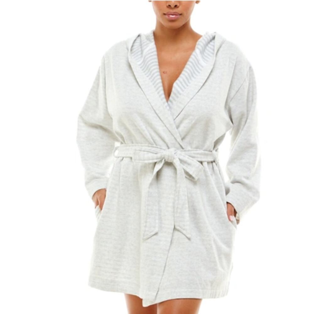 ROUDELAIN WOMENS XLARGE COZY ROBE DOLMAN-SLEEVE HOODED SHORT GREY STRIPE NEW!